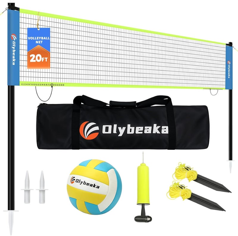 Olybeaka 20FT Outdoor Volleyball Net Set System for Backyard Beach with Anti-Sagging Net, Iron Adjustable Height Poles, Soft PU Volleyball and Pump, Carry Bag - Instant Set Up & Durable - Image 1